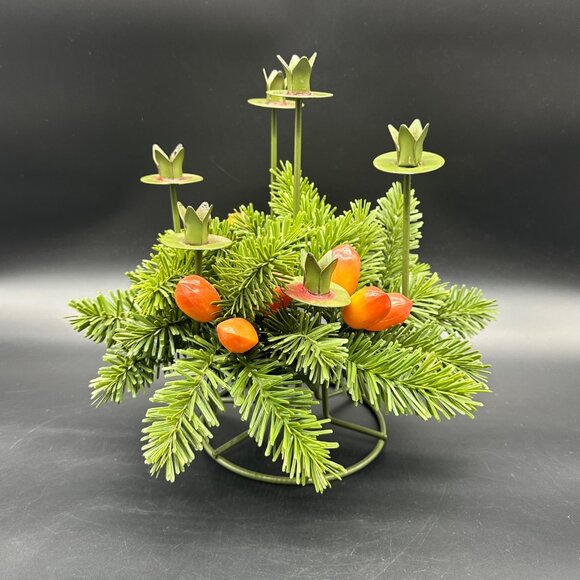 Vintage Christmas Candle Holder Centerpiece Metal Faux Pine Greenery Green 1960s - Picture 2 of 10